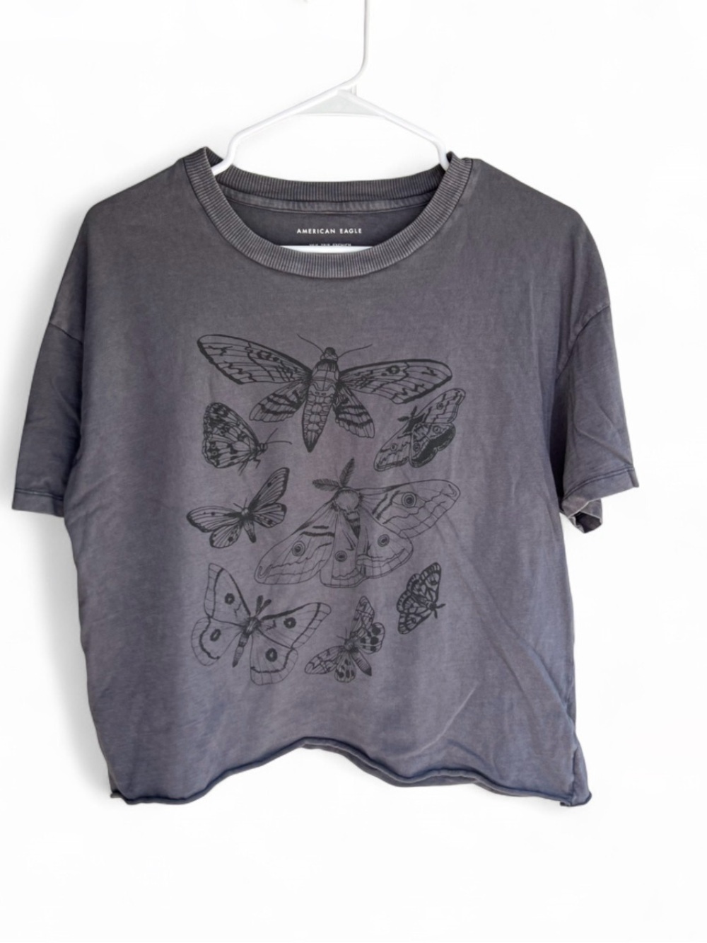 Vintage American Eagle Heather Gray short sleeved Logo Tee with butterflies